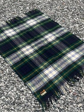 Vintage Filene's Boston 100% Wool Green Blue Plaid Throw Blanket Fringe England